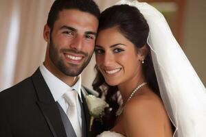 un contento Boda Pareja creado con generativo ai tecnología. foto