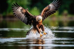 águila atrapando pescado en un lago creado con generativo ai tecnología. foto