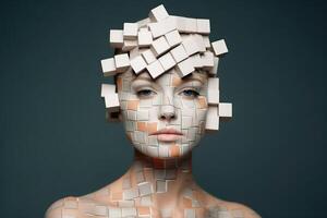 A woman with a cubic face make up created with technology. photo