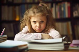 un enojado niño acerca de su deberes creado con generativo ai tecnología. foto