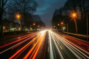 Traces of light in traffic created with generative AI technology. photo