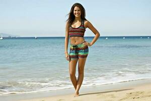 un atractivo mujer vistiendo un bikini a un playa creado con generativo ai tecnología. foto