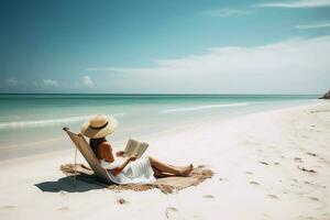 un mujer a un tropical playa relajante mientras leyendo un libro creado con generativo ai tecnología. foto