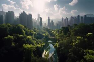 Nature reconquers a big city created with generative AI technology. photo