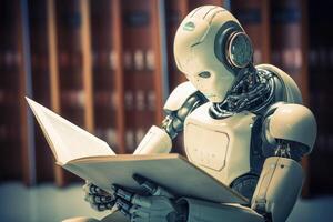 An AI Robot reading a book created with generative AI technology. photo