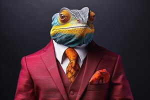 A Chameleon in a colorful suit created with generative AI technology. photo