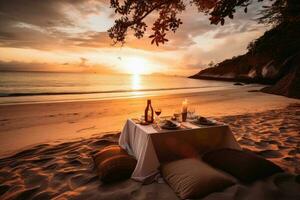 A romantic picnic on a tropical beach at sunset created with generative AI technology. photo