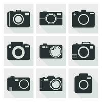 Camera icon set on white background with long shadow. Vector illustration in flat style with photography icons.