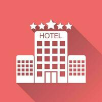 Hotel icon isolated on red background with long shadow. Simple flat pictogram for business, marketing, internet concept. Trendy modern vector symbol for web site design or mobile app.