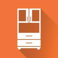 Cupboard icon on orange background with long shadow. Modern flat pictogram for business, marketing, internet. Simple flat vector symbol for web site design.