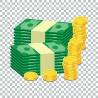 Stacks of gold coins and stacks of dollar cash. Vector illustration in flat design on isolated background
