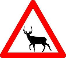 Deer sign. Warning sign deer on the road. Red triangle sign with deer silhouette inside. Caution wild forest animals are likely to be on the road ahead. Road sign. vector