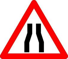 Road narrowing sign. Warning sign narrowing the road on both sides. Red triangle sign with silhouette of narrowing lines inside. Caution narrowing the road on both sides. Road sign. vector