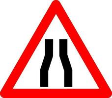 Road narrowing sign. Warning sign narrowing the road on both sides. Red triangle sign with silhouette of narrowing lines inside. Caution narrowing the road on both sides. Road sign. vector