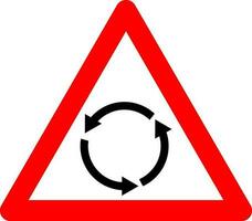 Roundabout intersection sign. Warning sign crossing with a roundabout. Red triangle sign with arrows stacked in circle inside. Caution circular motion. vector