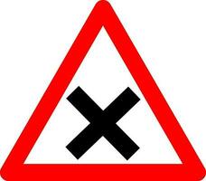 Sign intersection equivalent roads. Warning sign crossing equivalent roads. Red triangle sign with silhouette cross inside. Caution crossroads with equivalent roads. vector
