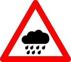 Rain sign. Rain warnings. Red triangle sign with rain cloud icon inside. Risk of heavy rain and accident. Caution, wet and slippery road. Danger of flooding. vector