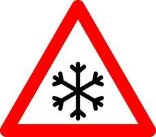 Snowfall sign. Snowfall warning sign. Red triangle sign with a snowflake icon inside. Caution, snowfall, slippery road. Road sign snowfall. Snow and ice sign. vector