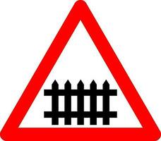 Railway crossing sign with slagbaum. Warning sign railway crossing with barrier or gate. Red triangle sign. Caution train. Beware railway colia. Road sign. vector