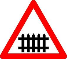 Railway crossing sign with slagbaum. Warning sign railway crossing with barrier or gate. Red triangle sign. Caution train. Beware railway colia. Road sign. vector