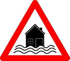 Flood sign. Flood risk warning sign. Red triangle sign with a silhouette of a flooded house inside. Flooding caution. Extreme weather conditions. Natural disaster, storm, tsunami. Road sign. vector