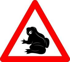 Frog sign. Frog warning sign. Red triangle sign with frog silhouette inside. Caution frog migration. On the territory toad. Toad sign. vector