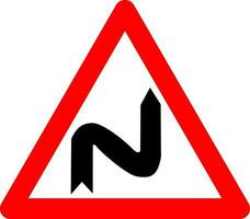 A few turns sign. Warning sign several turns. Red triangle sign with a silhouette of twisting line inside. Caution on the road. Dangerous turns with the first turn to the right. Road sign. vector