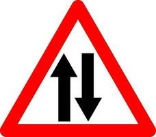 dos camino tráfico signo. advertencia firmar dos camino tráfico. rojo triángulo firmar con flechas silueta adentro. precaución entrando dos camino la carretera. la carretera signo. tráfico en ambos direcciones. vector