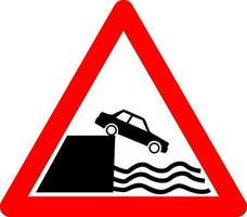 Sign leave to the shore or embankment. Red triangle. Warning road sign. The car falls off the slope into the water. Danger zone. Caution, dangerous embankment. Stop car. Careful not drive ashore. vector