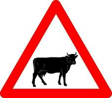 Cattle drive sign. Cattle drive warning sign. Red triangle sign with silhouette of a cow inside. Caution when cattle enter the road. Farm near the road. Road sign. vector