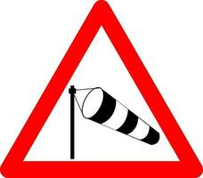 Side wind sign. Side wind warning sign. Red triangle sign with a cone net silhouette inside. Caution strong wind on the road. Road sign. Sudden gusts of wind on the road. vector