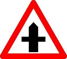 Intersection sign with secondary road. Warning sign. Red triangle sign with a silhouette of an intersection inside. Caution crossing with secondary road. Road sign. vector