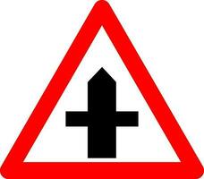 Intersection sign with secondary road. Warning sign. Red triangle sign with a silhouette of an intersection inside. Caution crossing with secondary road. Road sign. vector