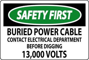 Safety First Sign Buried Power Cable Contact Electrical Department Before Digging 13,000 Volts vector