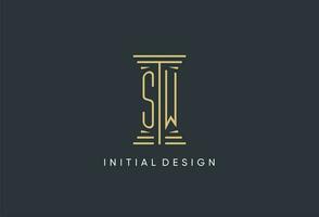 SW initial monogram with pillar shape logo design vector