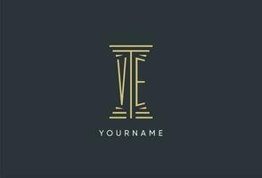 VE initial monogram with pillar shape logo design vector