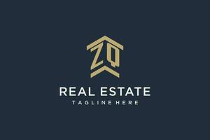 Initial ZQ logo for real estate with simple and creative house roof icon logo design ideas vector