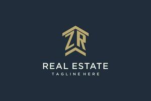 Initial ZR logo for real estate with simple and creative house roof icon logo design ideas vector