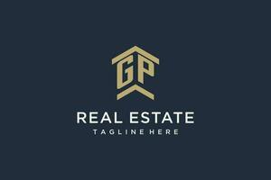 Initial GP logo for real estate with simple and creative house roof icon logo design ideas vector