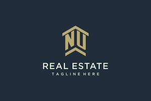 Initial NU logo for real estate with simple and creative house roof icon logo design ideas vector