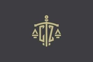 Letter CZ logo for law office and attorney with creative scale and sword icon design vector