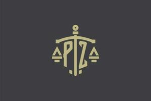 Letter PZ logo for law office and attorney with creative scale and sword icon design vector