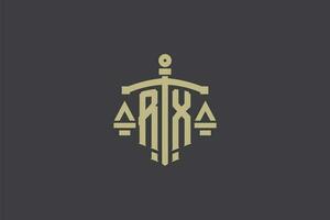 Letter RX logo for law office and attorney with creative scale and sword icon design vector