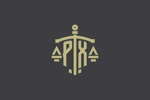 letra px logo para ley oficina y abogado con creativo escala y espada icono diseño vector