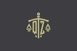 letra qz logo para ley oficina y abogado con creativo escala y espada icono diseño vector