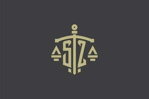 Letter SZ logo for law office and attorney with creative scale and sword icon design vector