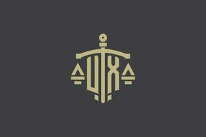 Letter UX logo for law office and attorney with creative scale and sword icon design vector
