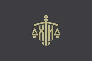 letra xh logo para ley oficina y abogado con creativo escala y espada icono diseño vector