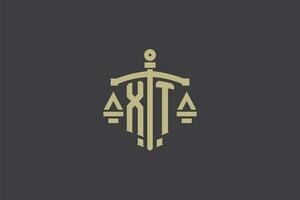 Letter XT logo for law office and attorney with creative scale and sword icon design vector