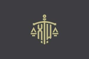 Letter XW logo for law office and attorney with creative scale and sword icon design vector